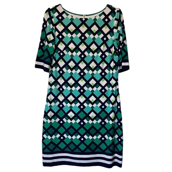 Eliza J Dress Green White Geometric Pattern Half Sleeve Striped Hem Size 8 - Picture 2 of 6